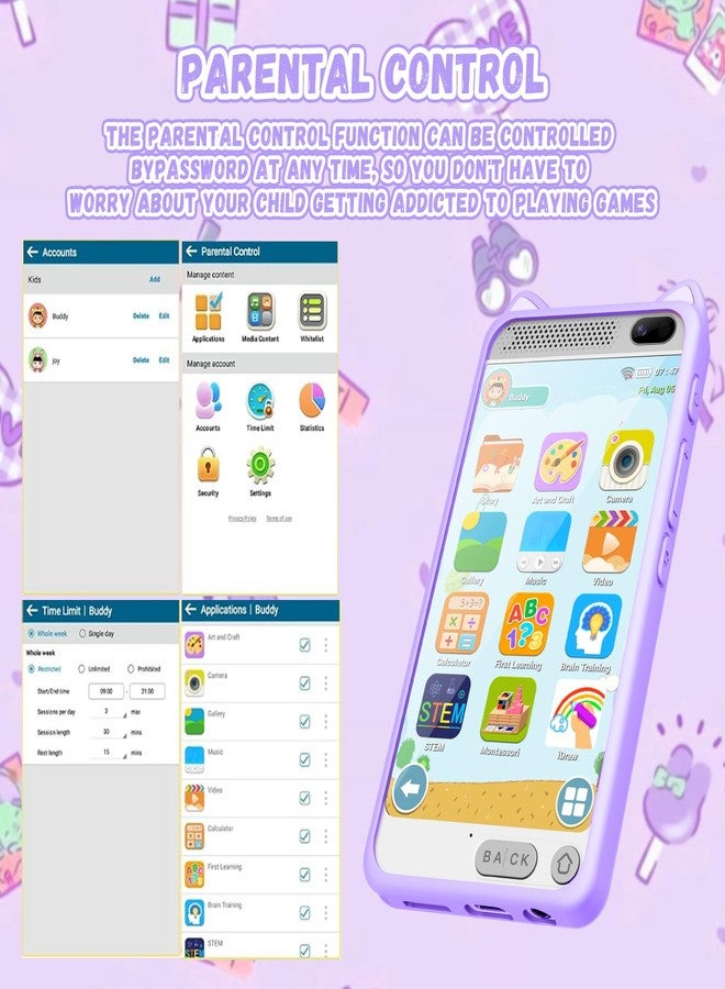 E teacher Toys Kids Smartphone, 3.97" Screen Dual Camera Kids Toys Phone with Music Player, 2000mA Toddler Toy Learning Phone with Games, Front Camera, Pretend Play Smartphone（Purple） - Image 5
